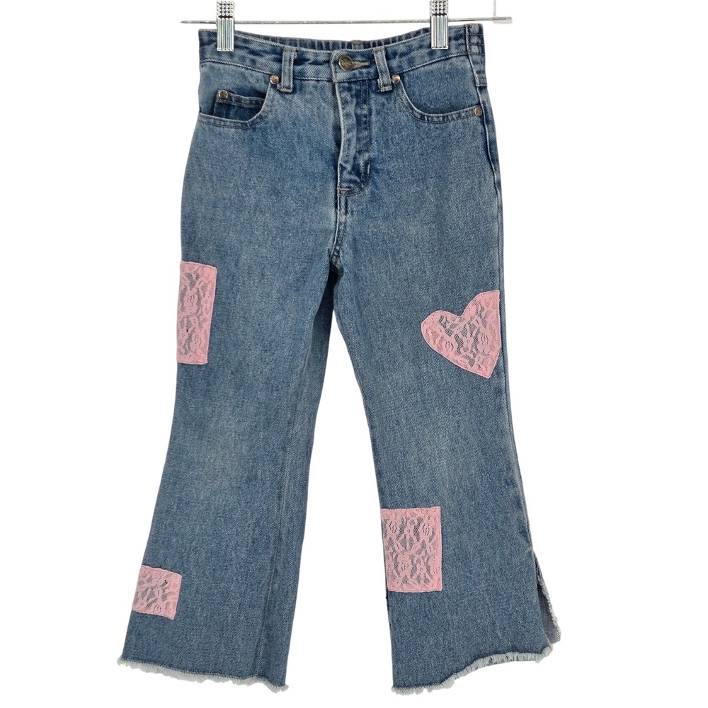 Bratz‎ Denim Jeans Girls 6 Pink Lace Heart Patches Raw Hem Flare Vintage Y2K
